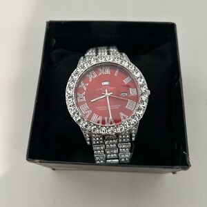 Vessfull Men’s Iced Out Silver Tone Watch Red Dial Roman Numerals Date